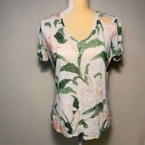 ANN TAYLOR FLORAL 100 % LINEN SIZE L  TEE